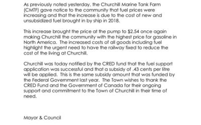 Fuel Subsidy Approved for Churchill